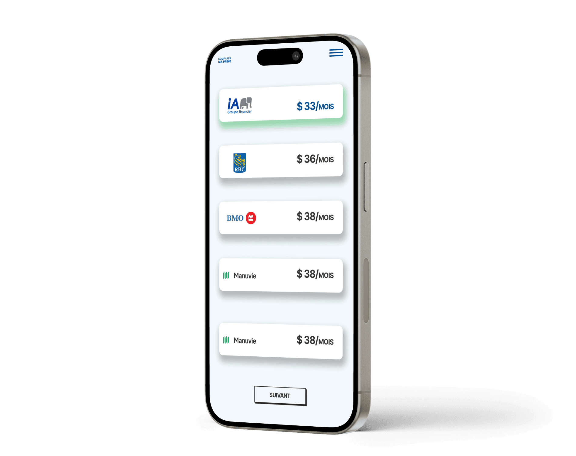 Interface mobile montrant une comparaison des primes d'assurance vie de différents assureurs, incluant iA Groupe financier, BMO et Manuvie.