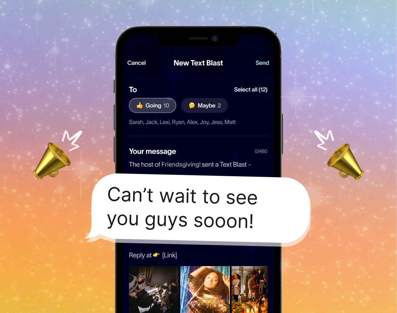 Text blast on phone with football field background 