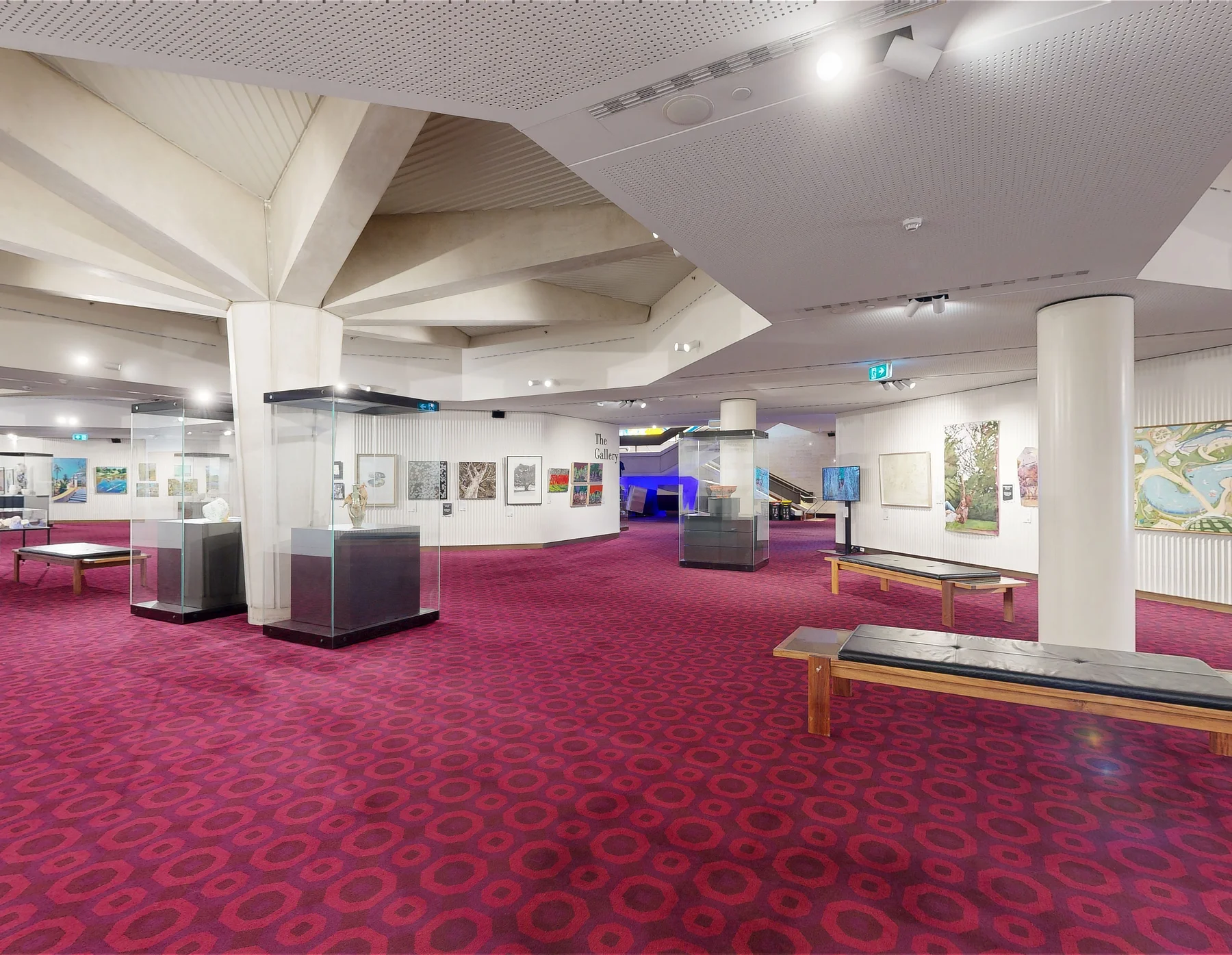 The Adelaide Park Lands Art Prize 2025 exhibition, with framed paintings, glass display cases and bench seating across the gallery floor