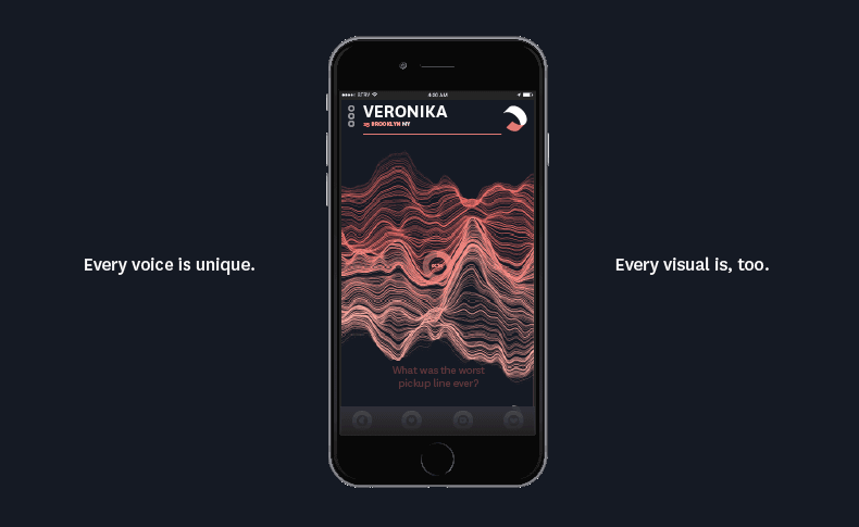 A black iPhone displays a waveform graphic on its screen. The text “VERONIKA” and “BROOKLYN NY” appear at the top, alongside “4:40 AM”. Below the waveform, the question “What was the worst pickup line ever?” is written. The background is dark blue, and the text “Every voice is unique. Every visual is, too.” is positioned to the left and right of the phone.
