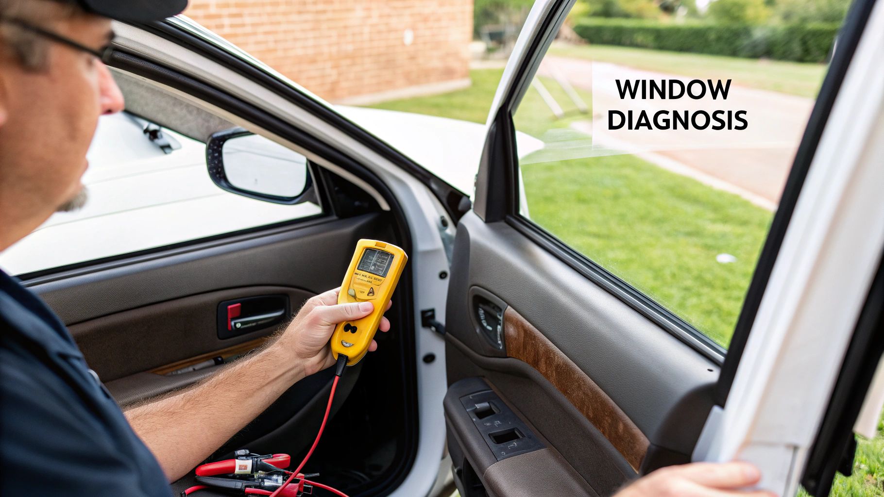Close-up of a technician diagnosing a car's power window system with a yellow tool.