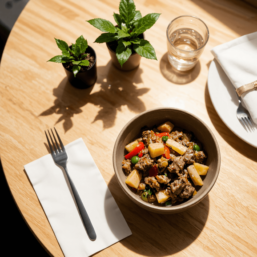 product photography of a bowl of food with meat and vegetables