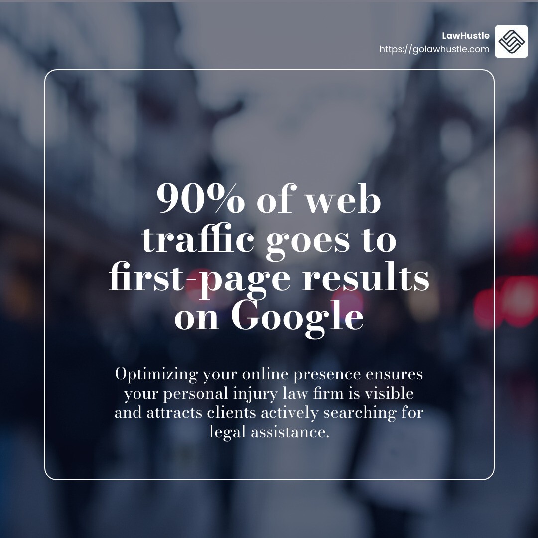 90% of web traffic goes to first-page results on Google - personal injury law firm seo infographic simple-stat-blurry-bg