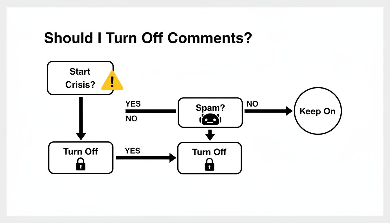 A flowchart titled 'Should I Turn Off Comments?' detailing decisions based on crisis and spam.