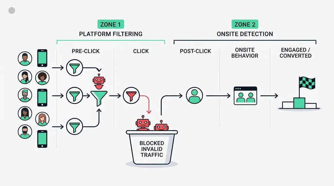 Diagram of the visitor journey: platform filtering covers pre-click and click, onsite detection catches post-click bots that slipped through
