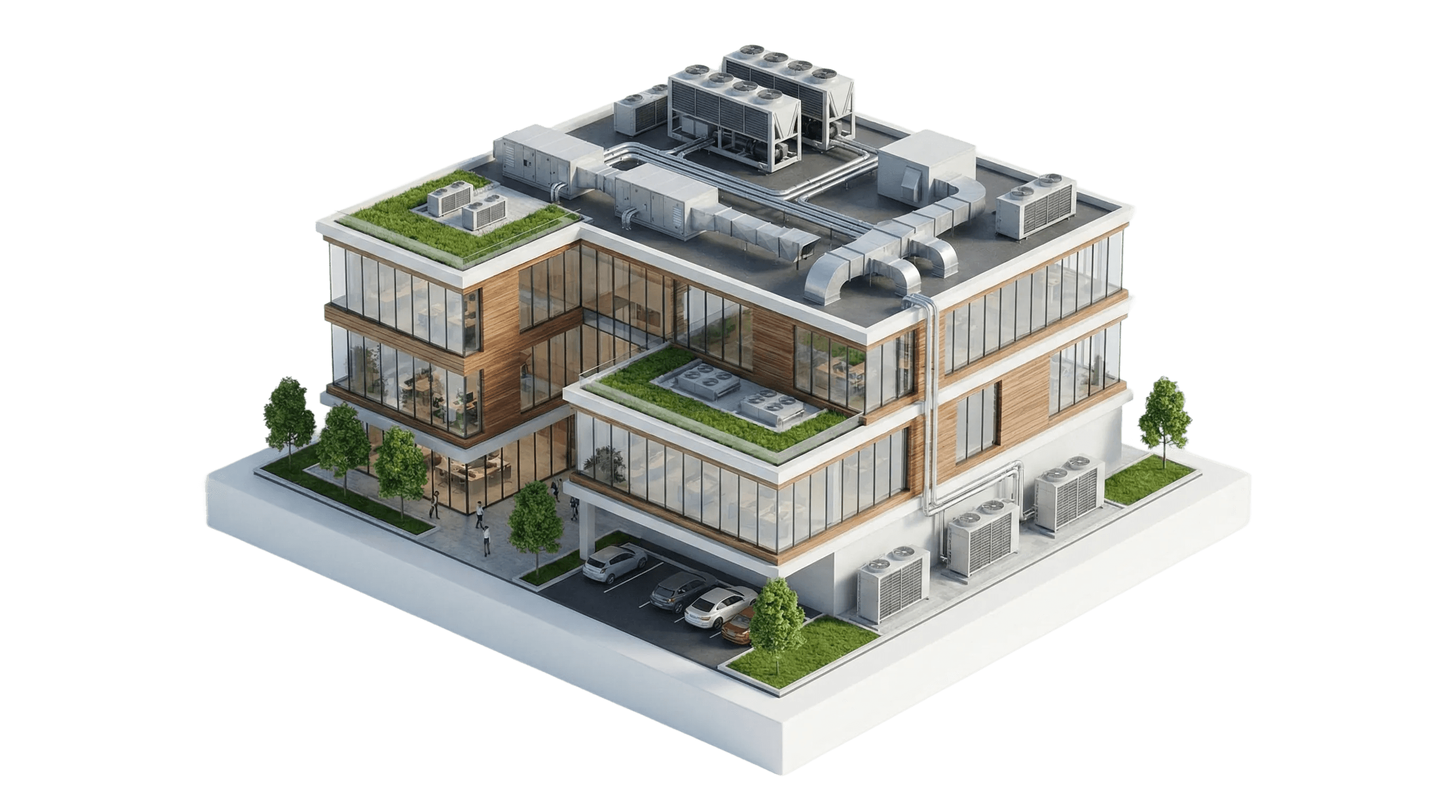 Modern multi-story office building with glass facades, rooftop gardens, HVAC systems, and an underground parking area surrounded by greenery.
