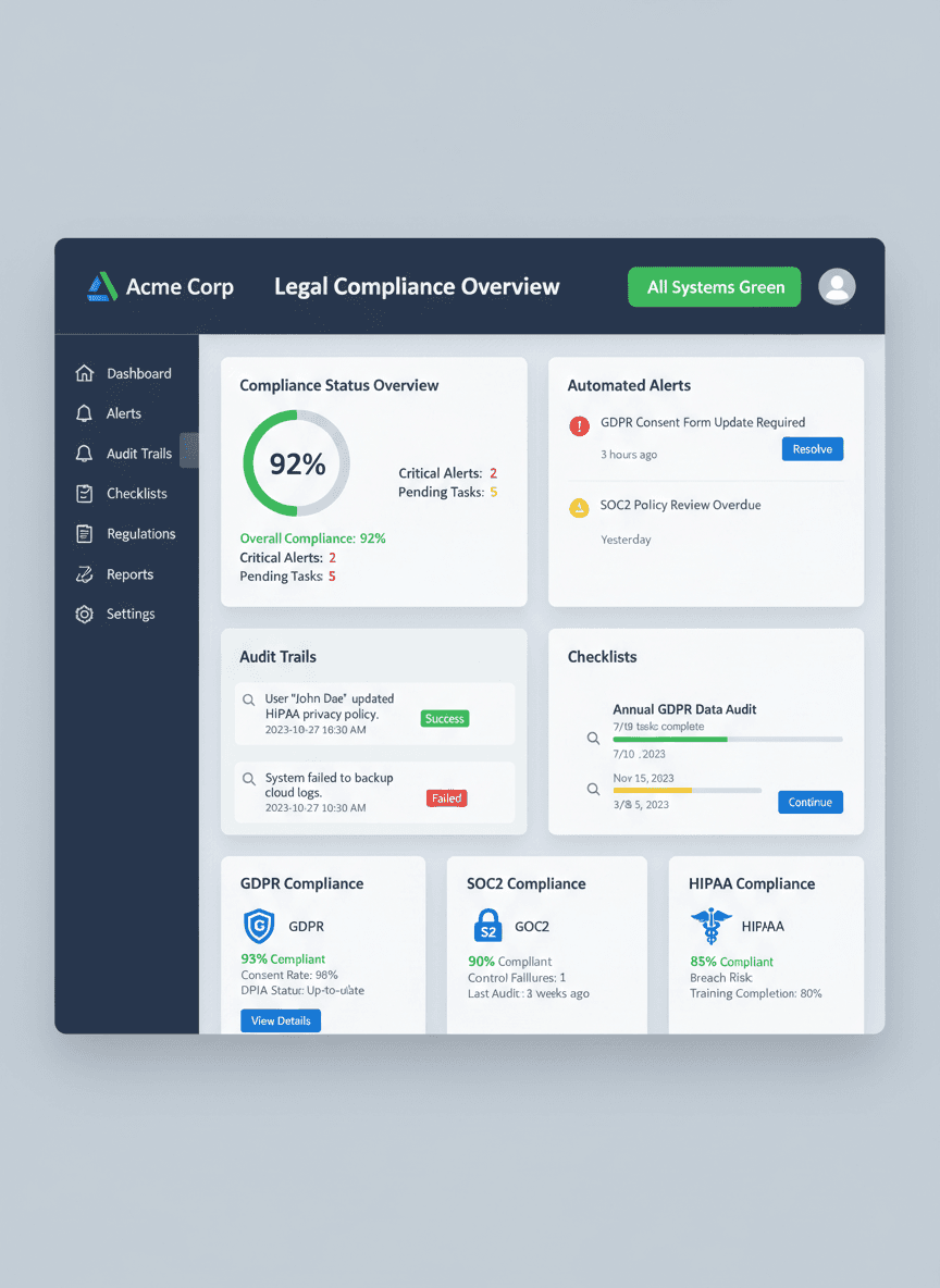 “Legal compliance dashboard with audit trails and automated alerts for regulatory-focused LegalTech platforms.”