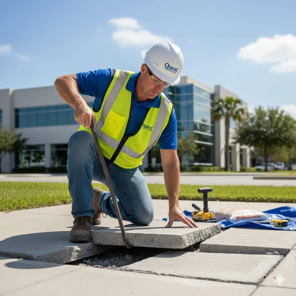 Worker repairing uneven sidewalk section
