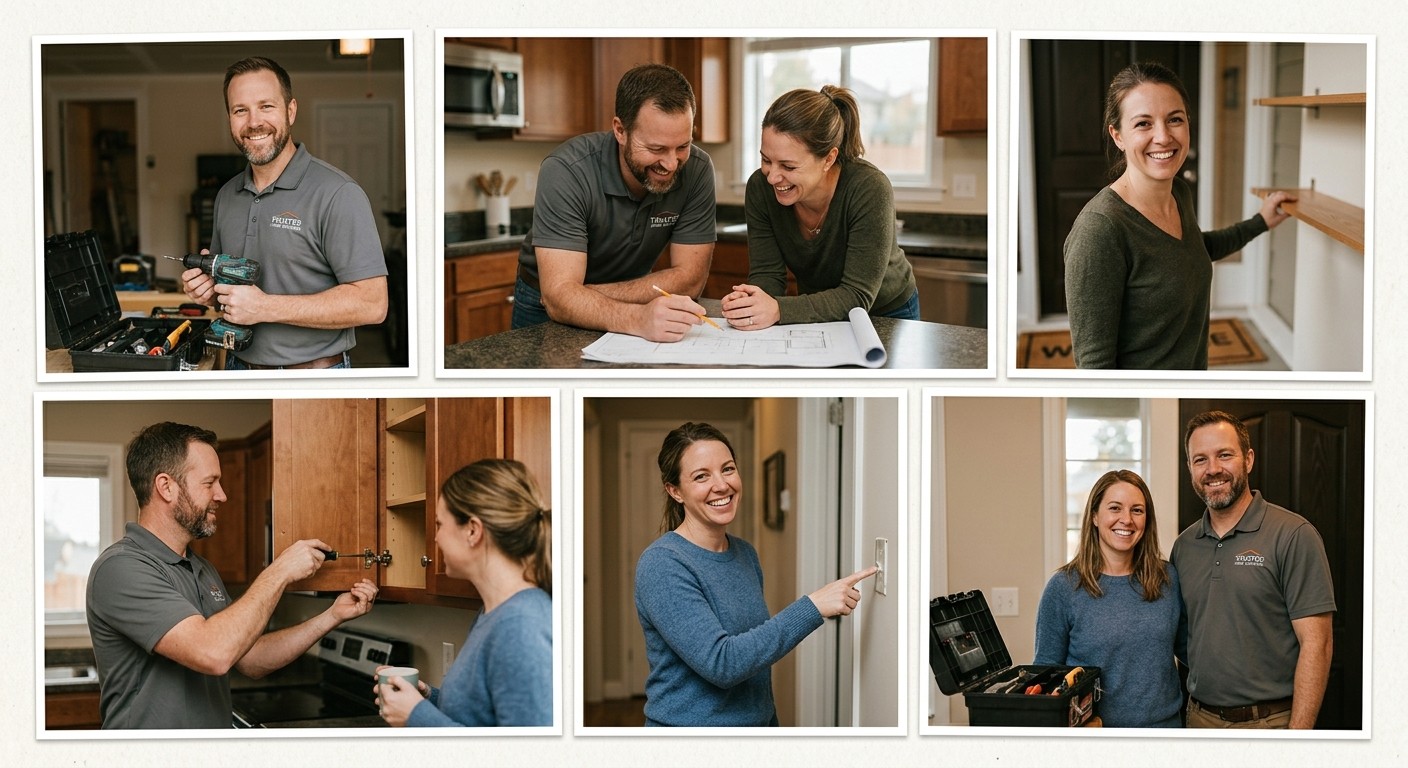 Six professionals — a plumber repairing a sink, two reviewing a work document, a contractor smiling, an electrician installing a fixture, a cleaner wiping a kitchen surface, and a landscaper trimming a hedge — representing HomePro's range of home services.