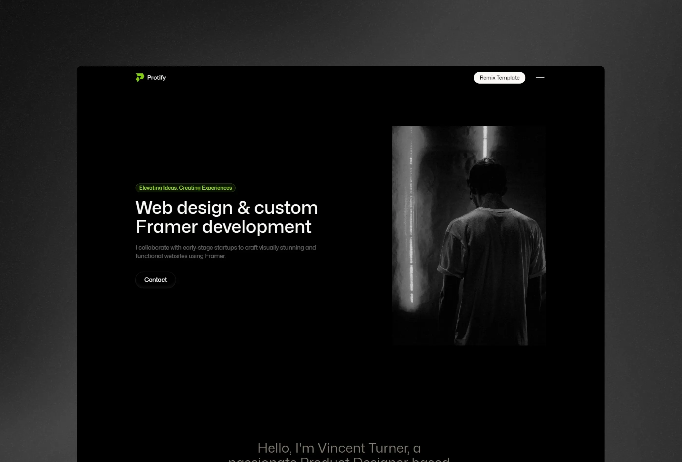 Protify Framer template hero section with dark theme, bold typography, and developer-focused layout