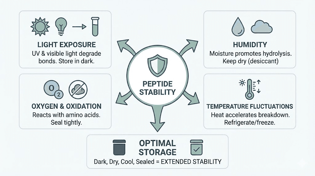Environmental factors affecting peptide powder stability infographic
