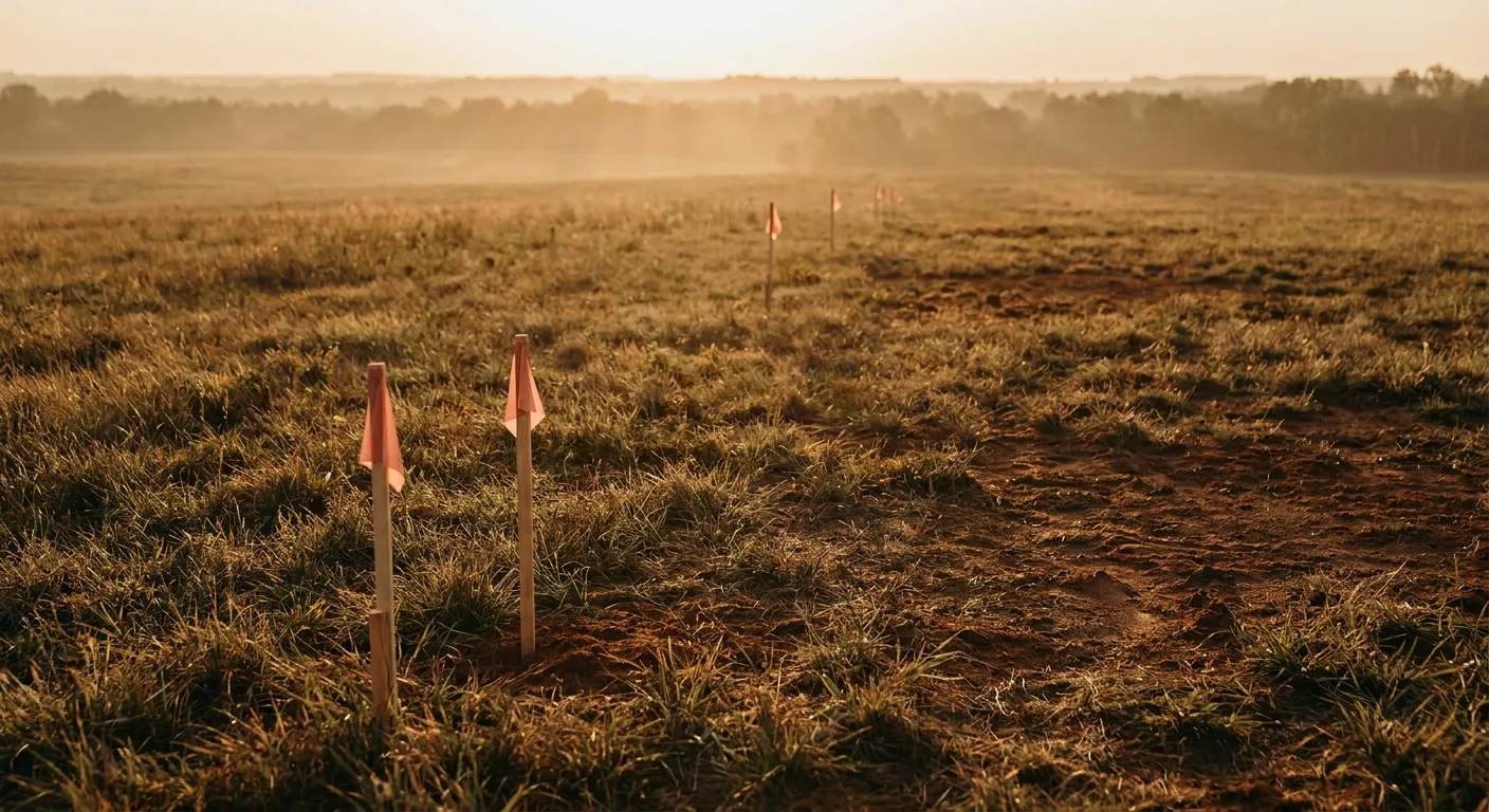 Open field at sunrise, marked stakes. RockN' Socials Digital Marketing Agency.