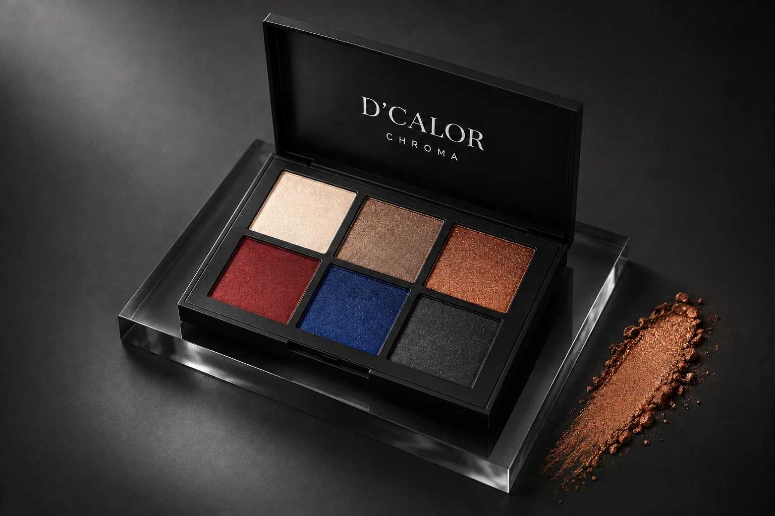 CHROMA six-colour eyeshadow palette in a black D’CALOR compact with blue glass and copper pigment