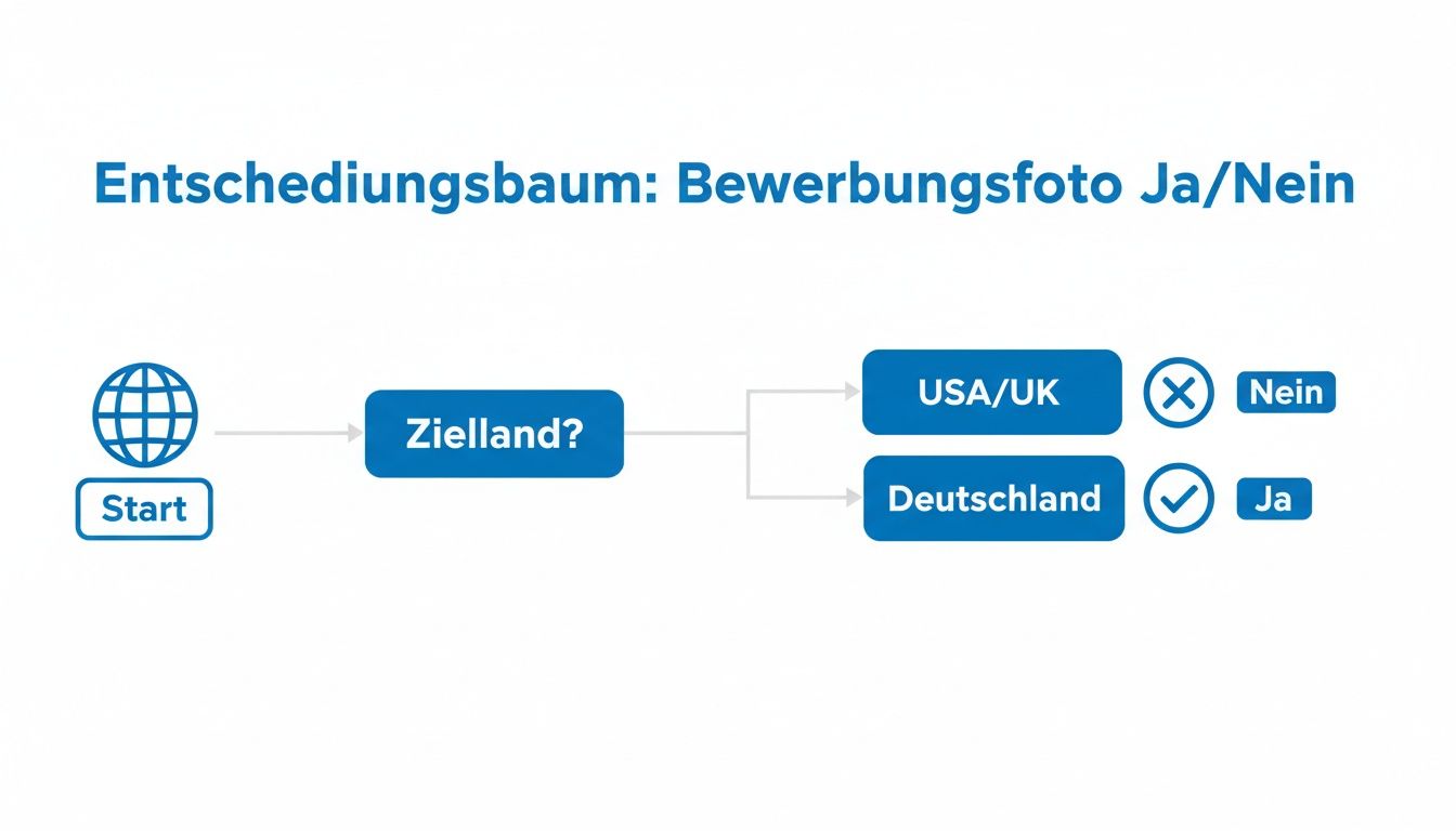 Entscheidungsbaum zum Bewerbungsfoto. Zeigt an, ob ein Bewerbungsfoto je nach Zielland, wie USA/UK oder Deutschland, erforderlich ist.