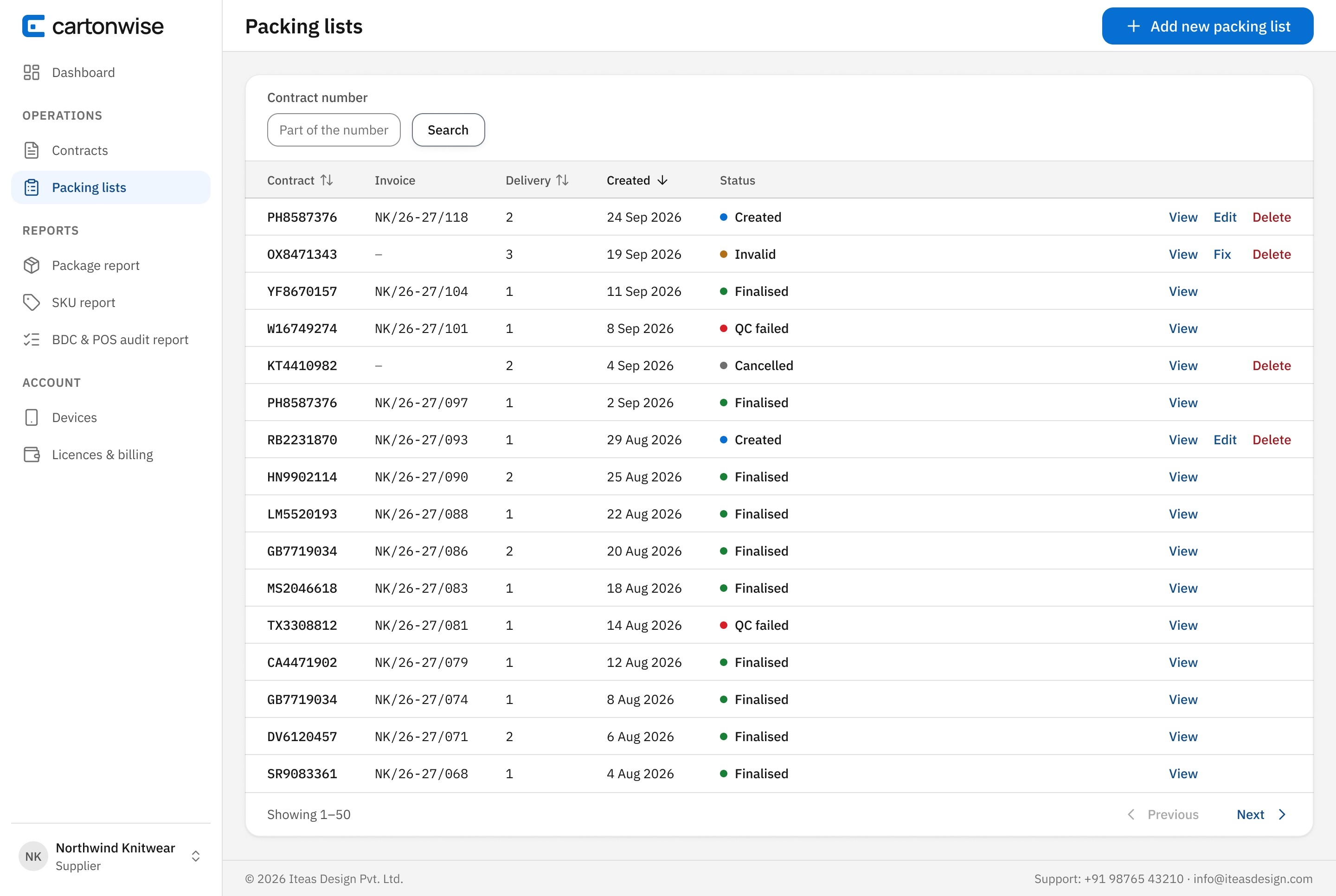 Supplier packing lists grouped by contract and delivery with Created, Finalised, Invalid and QC failed statuses
