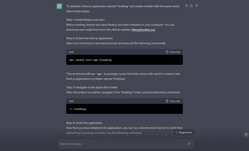 ChatGPT response on initializing a Next.js application.