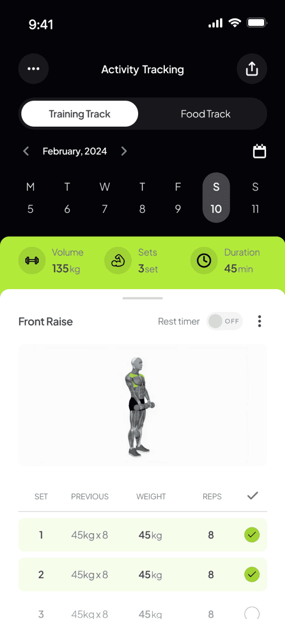 Mobile app screen showing workout tracking interface with volume, sets, and duration summary, plus exercise details for front raise with weight and reps logged.