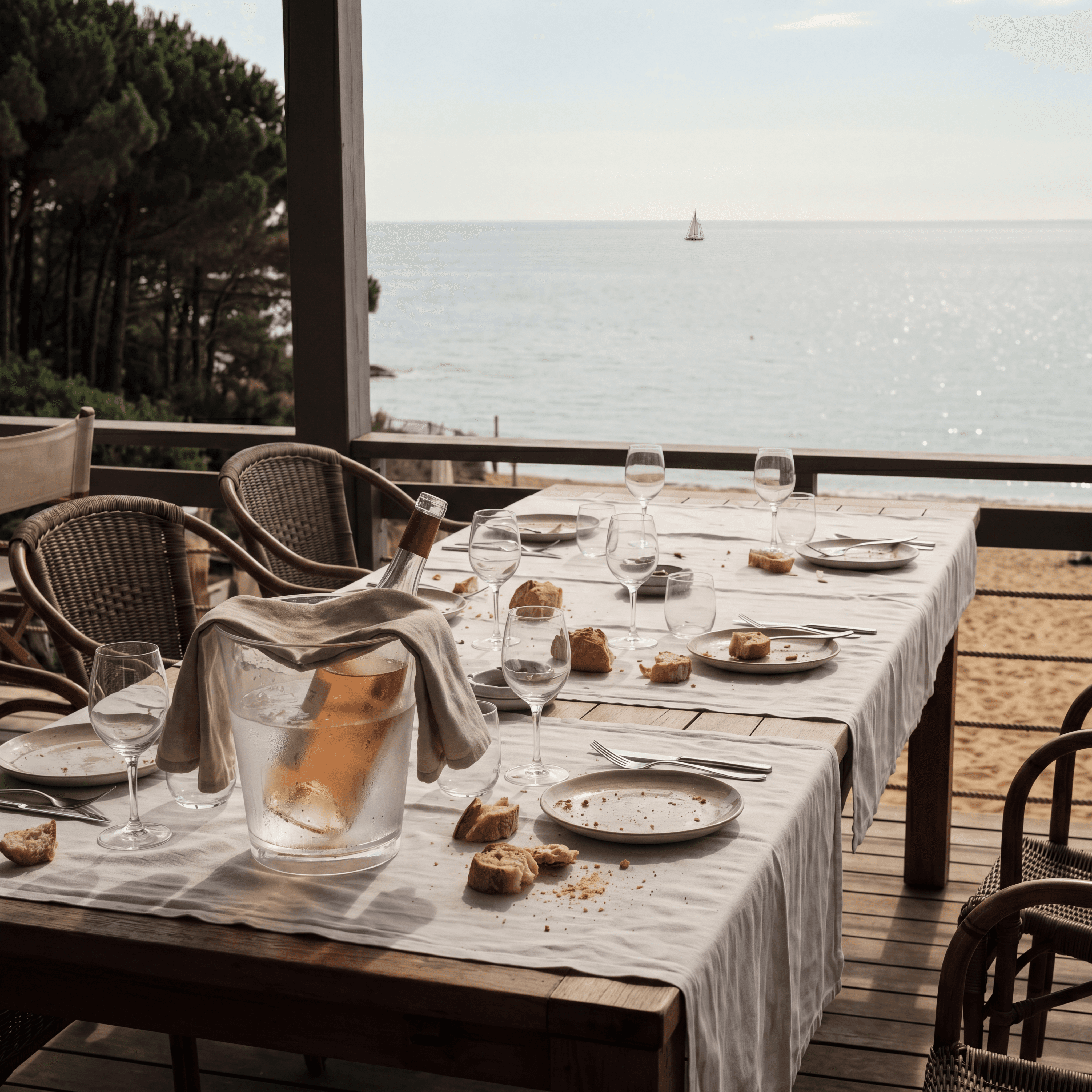 Beach club long lunch table at Pampelonne Saint-Tropez, white linen, rosé on ice, Gulf of Saint-Tropez stretching to the horizon