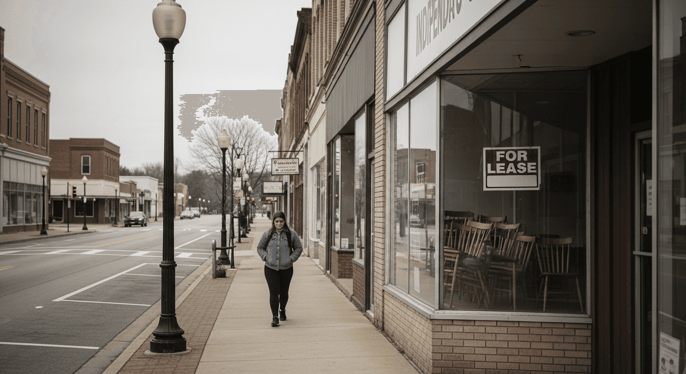 A person walking past a closed independent coffee shop with a for lease sign on an empty main street