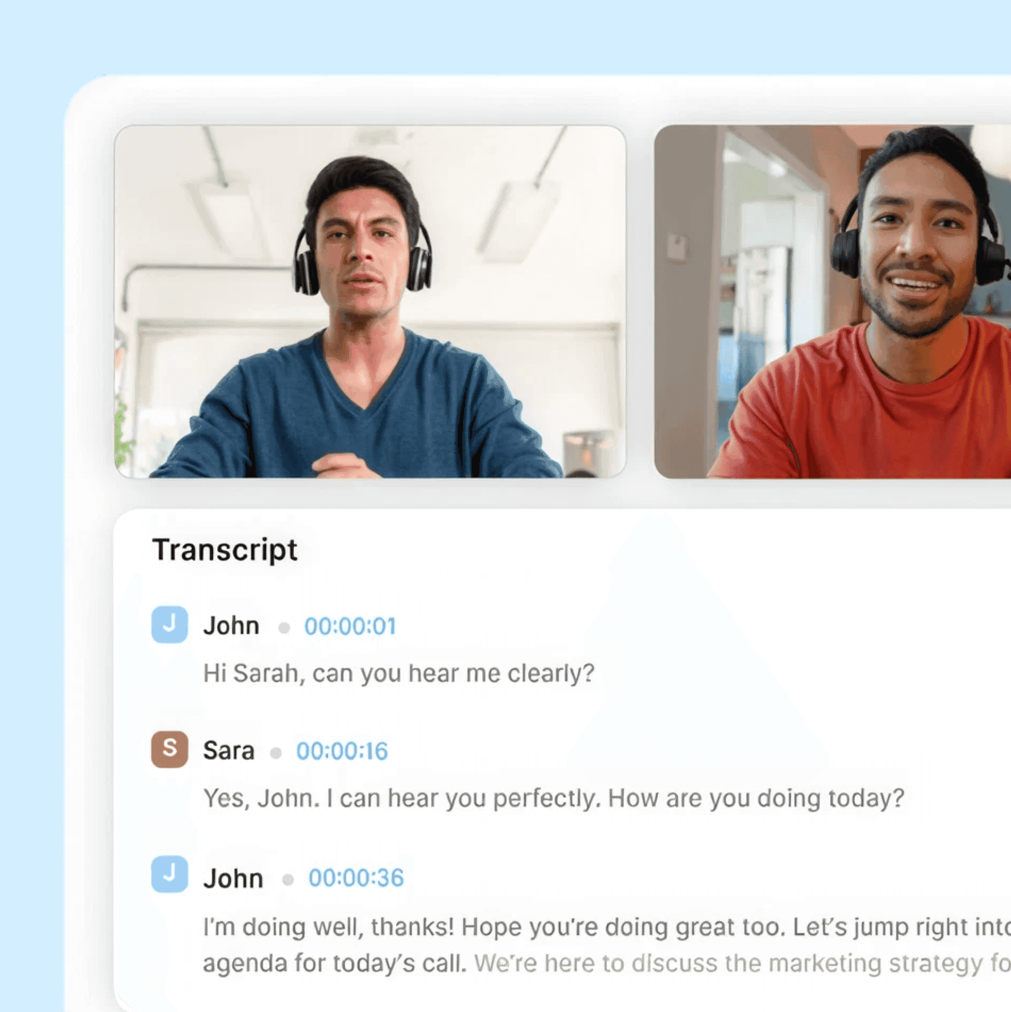 Two people on a Central onboarding video call, both wearing headsets