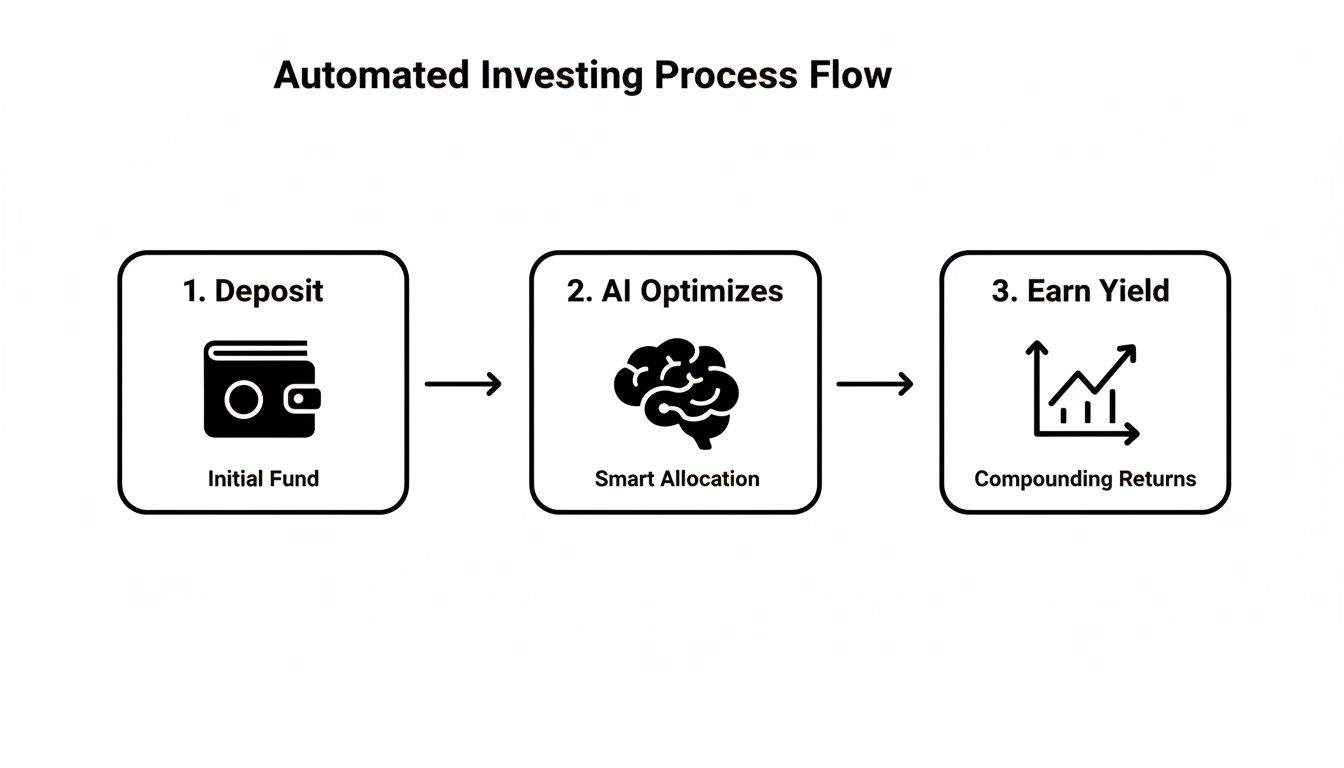 An automated investing process flow showing deposit, AI optimization, and yield earning.