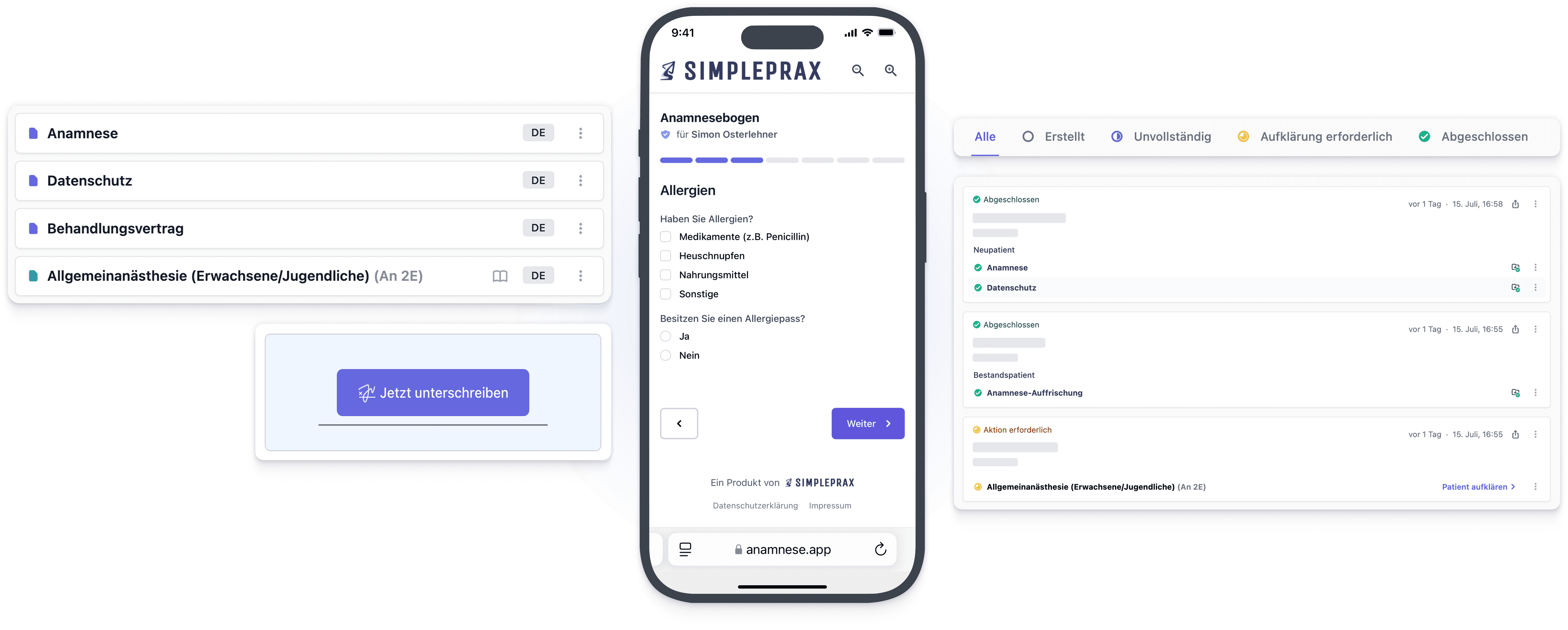 Beispielscreenshots aus der Simpleprax Anwendung