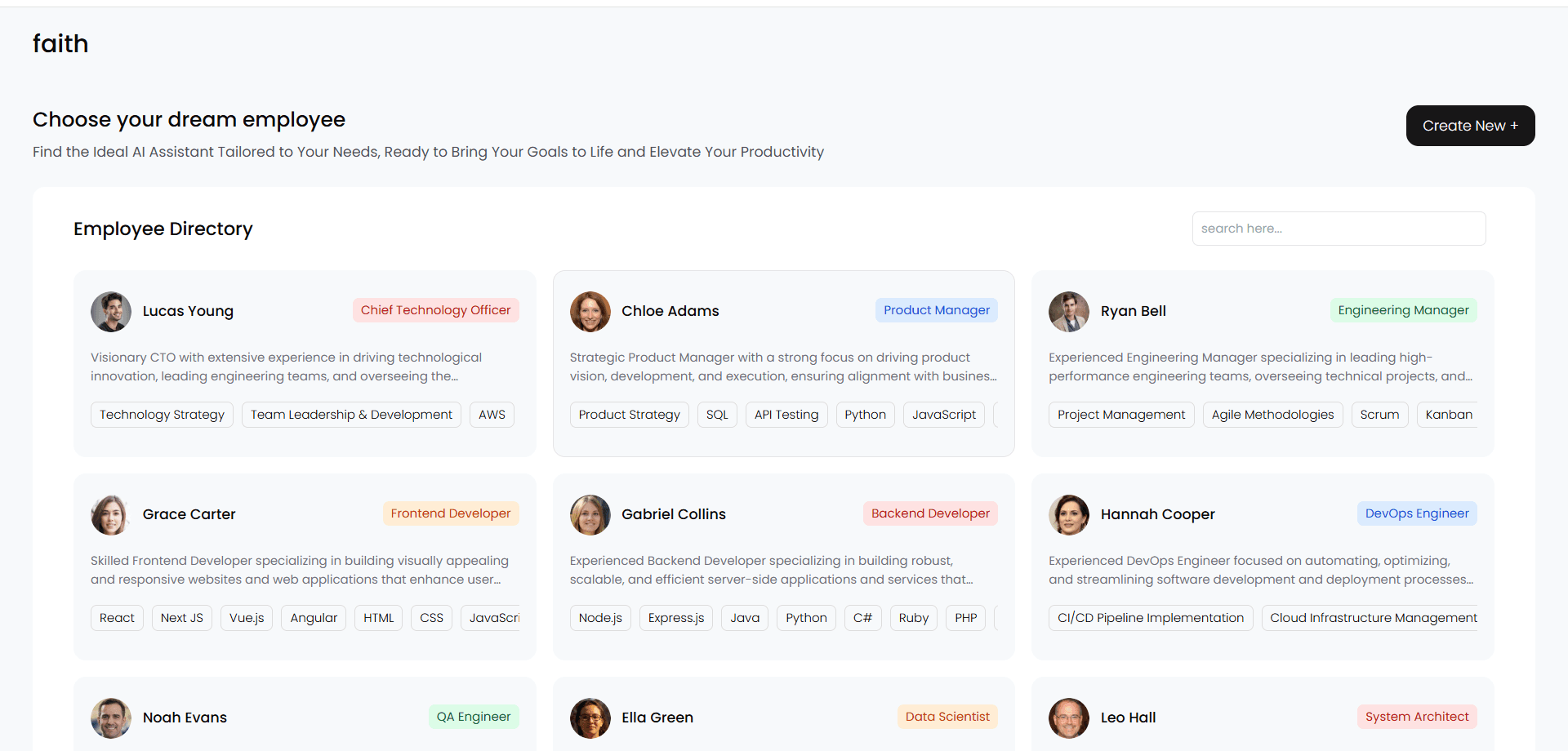 Choose your dream employee: an employee directory of cards, each with avatar, name, coloured role tag, short bio and skill chips, plus search and a Create New button