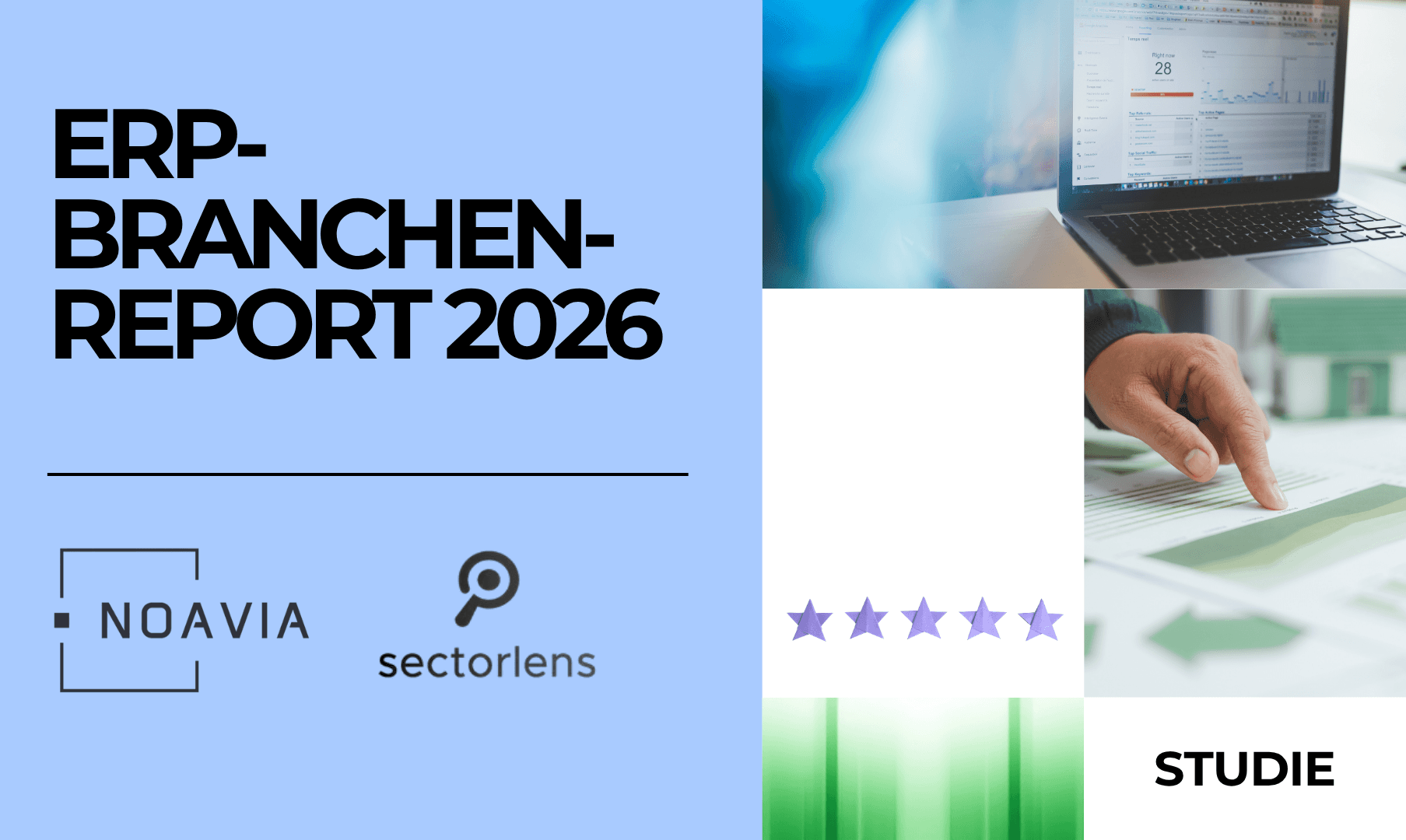 Deckblatt der Studie „ERP-Branchenreport 2026“ von NOAVIA und Sectorlens. Die Grafik stellt zentrale Themen für den ERP Mittelstand dar, darunter die KI ERP Integration, eine fundierte ERP Analyse sowie Wege, ein ERP-System der Zukunft proaktiv zu modernisieren. Visuelle Elemente zeigen einen ERP-Gesundheitscheck und moderne ERP-Software für den Mittelstand im Einsatz.