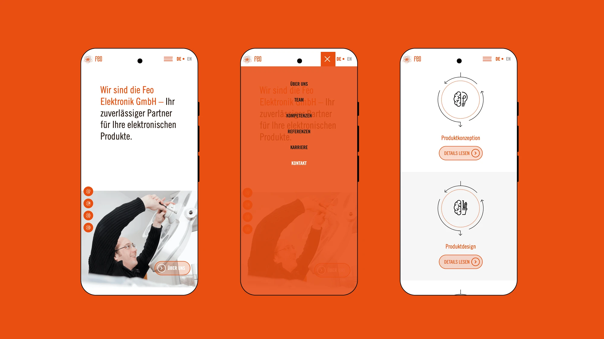 Zu sehen sind drei Ausschnitte der Website der feo Elektronik GmbH in der mobilen Ansicht. Die Darstellung zeigt verschiedene Bereiche der Website in einem modernen, responsiven Design.