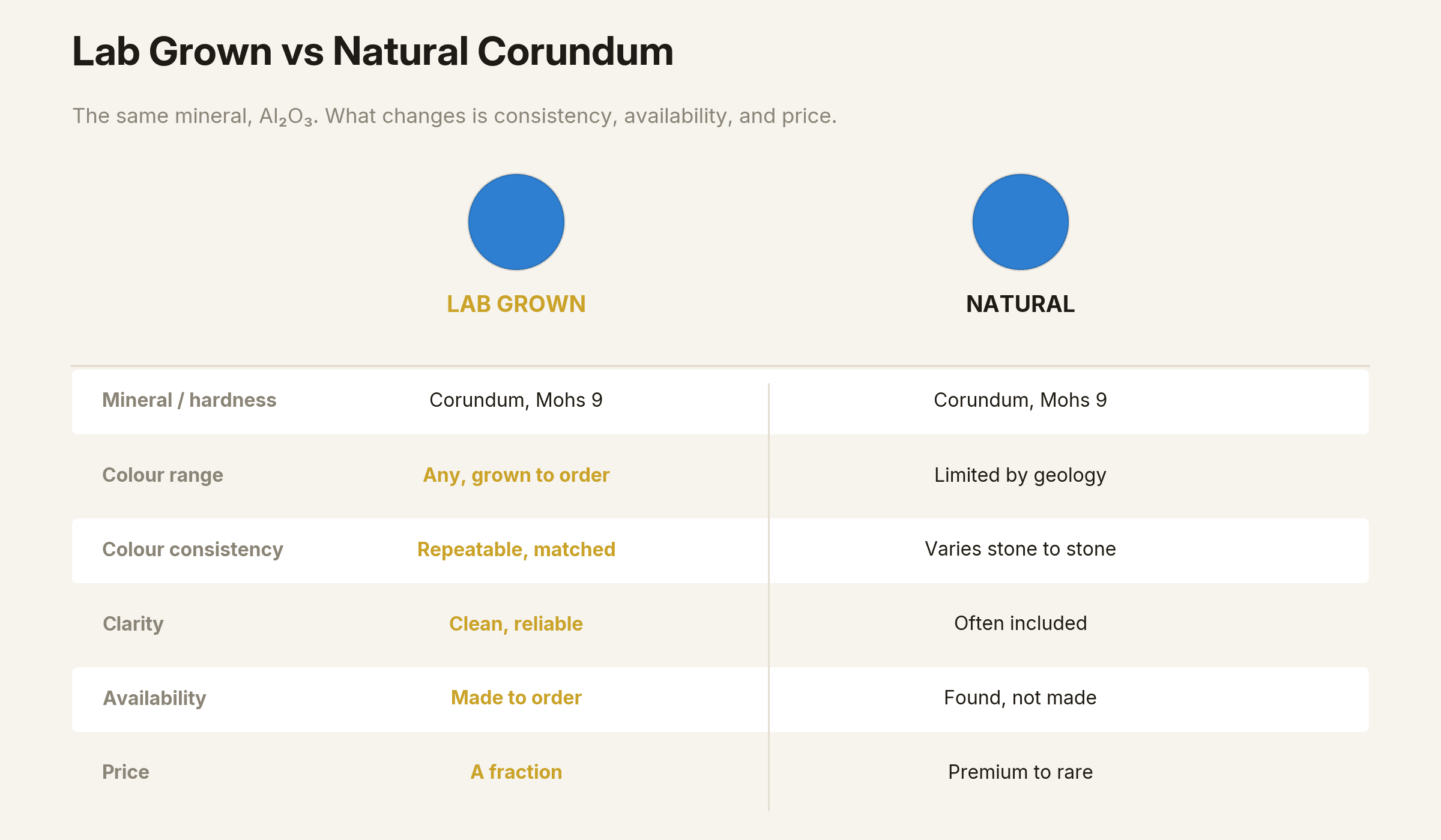Comparison of lab grown and natural corundum on hardness, colour range, consistency, clarity, availability and price.