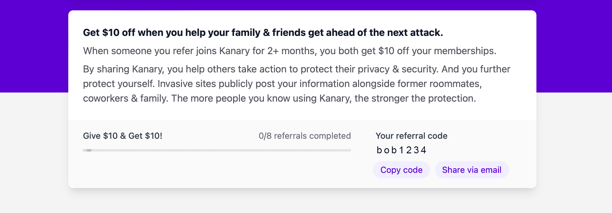 Screenshot of location to find personalized code for referral