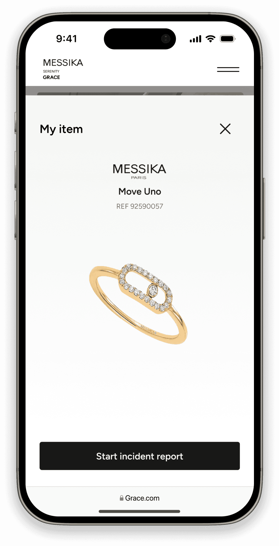 Vue mobile du portail COPIN x GRACE affichant un bracelet en or jaune assuré