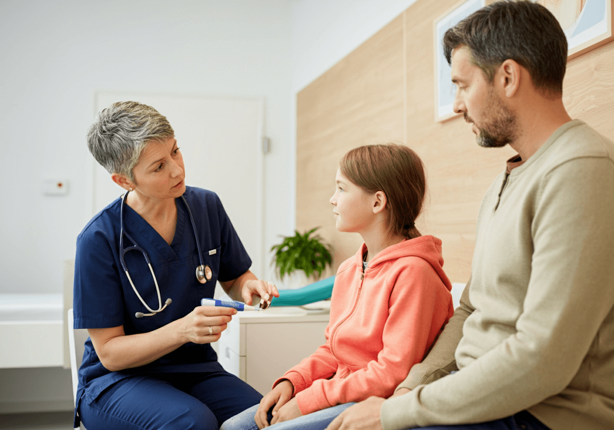A doctor in a blue uniform consults with a young girl in an orange hoodie and her father in a modern medical office.