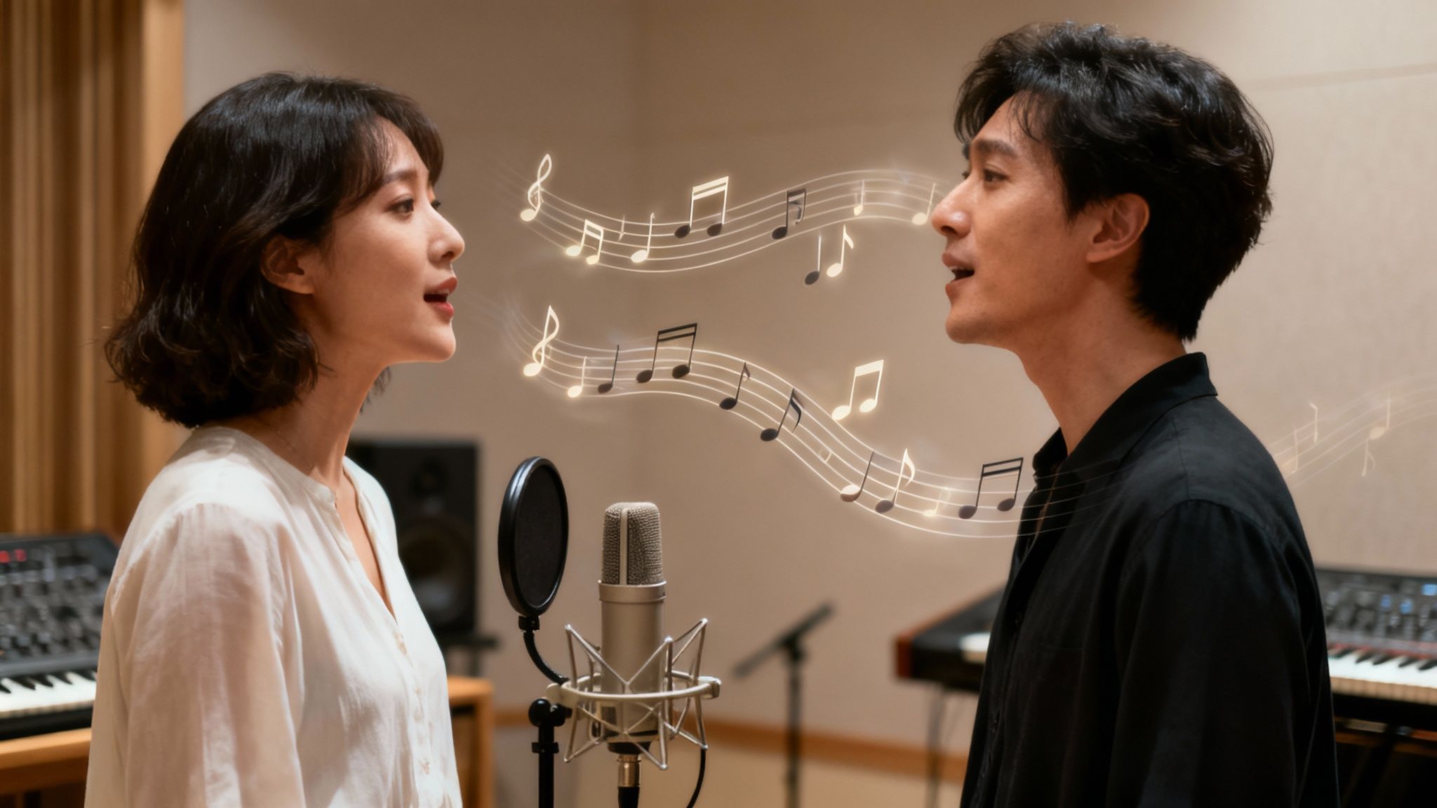 Two distinct soundwaves intertwining to represent counterpoint in music