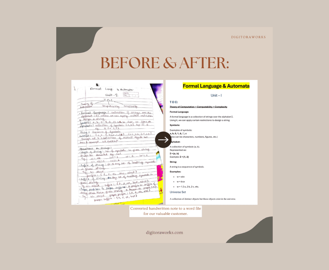 Before and after comparison of handwritten notes to typed document