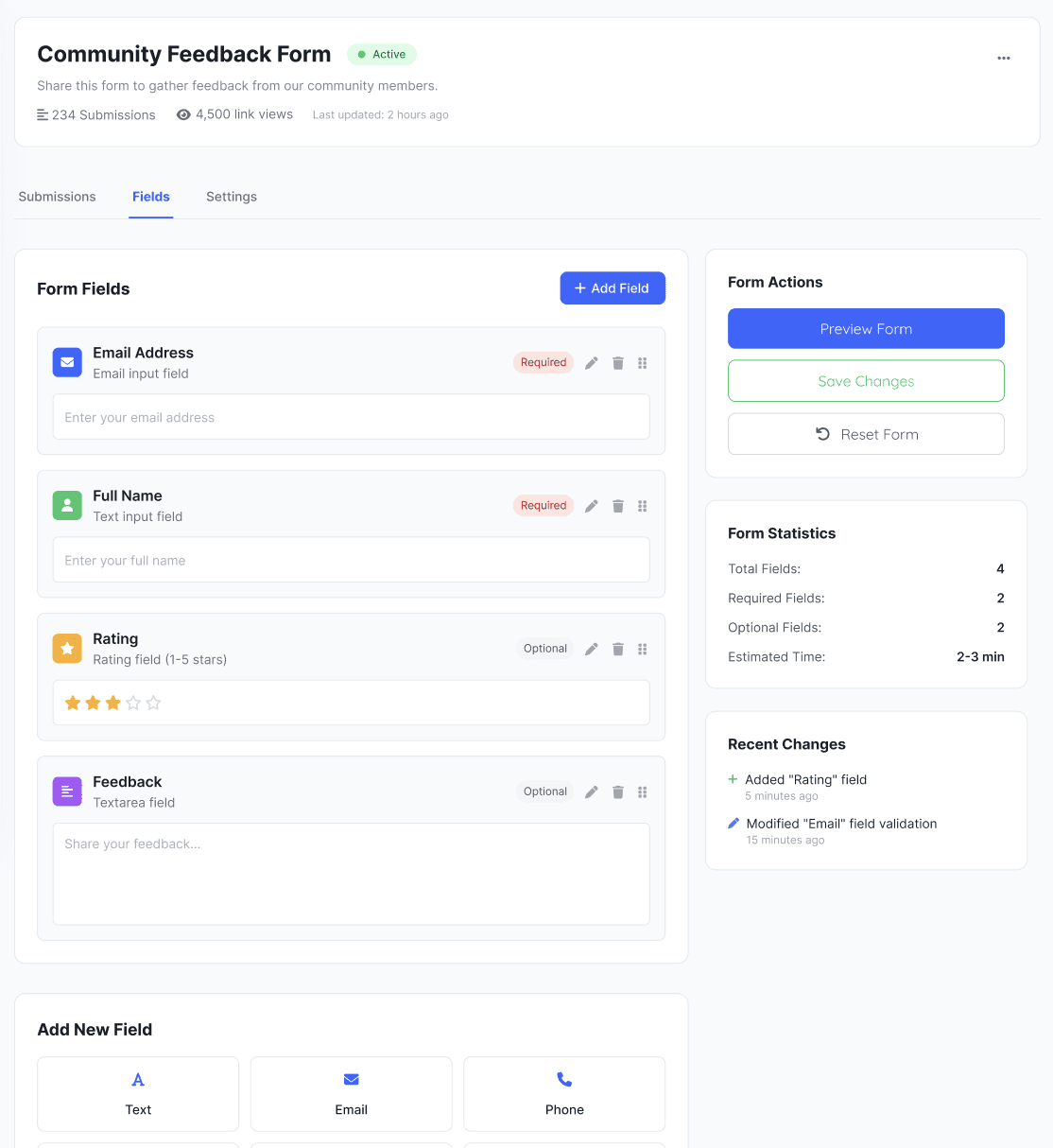 FaithPilot People forms dashboard showing New Visitor Connection Card and VBS Registration forms with field builder, form statistics, and shareable embed link