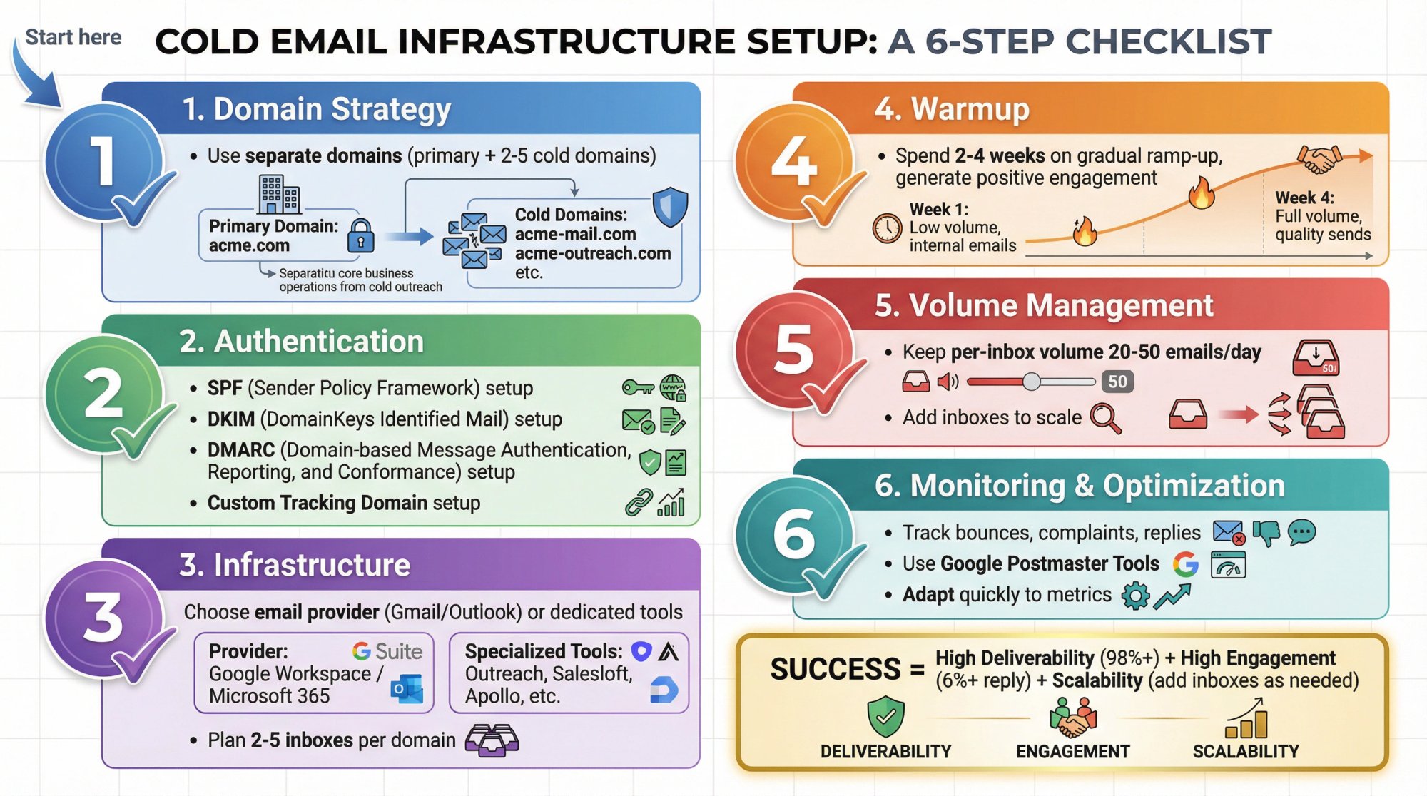 Comprehensive checklist infographic summarizing key steps and best practices for cold email infrastructure setup