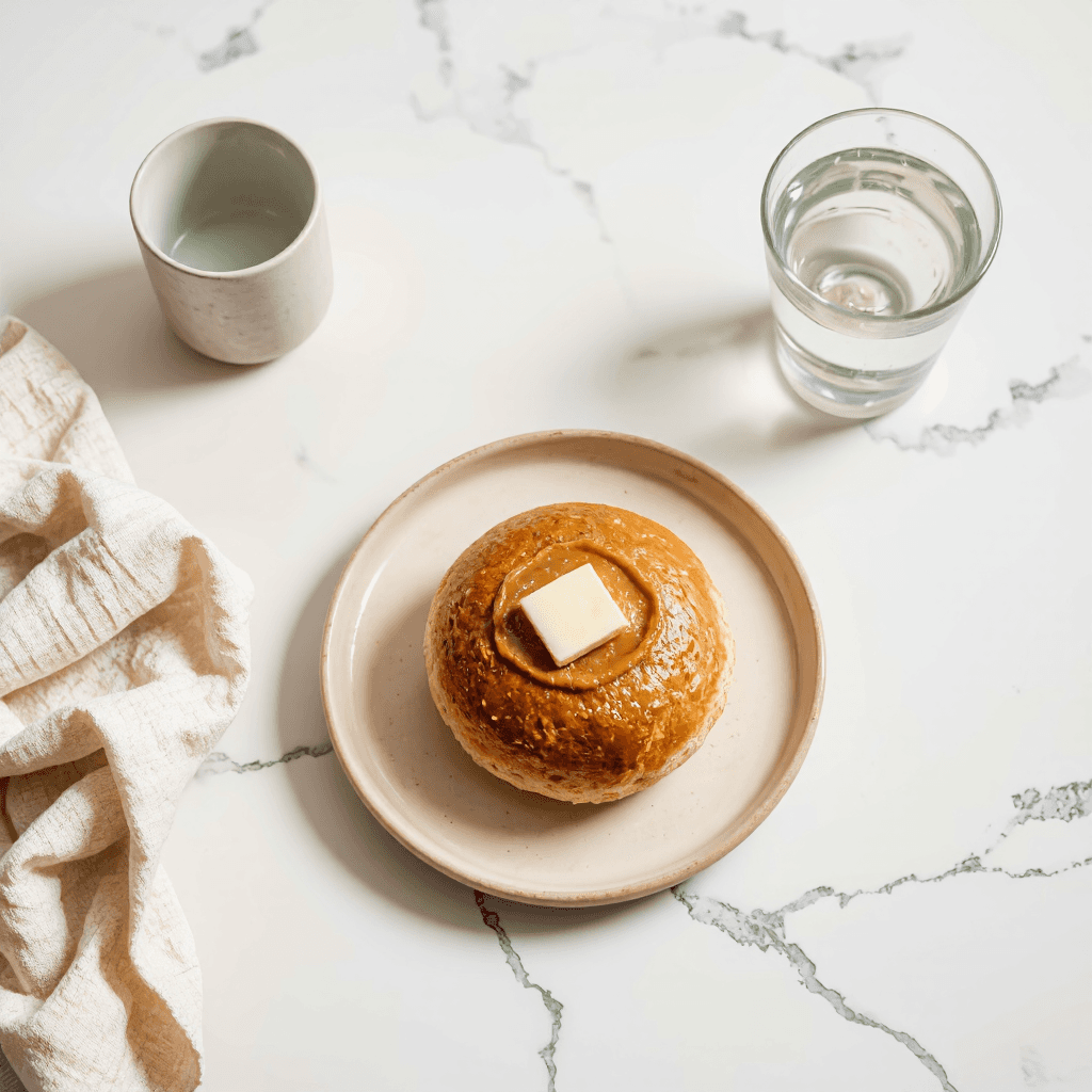 product photography of bread roll with peanut butter and butter