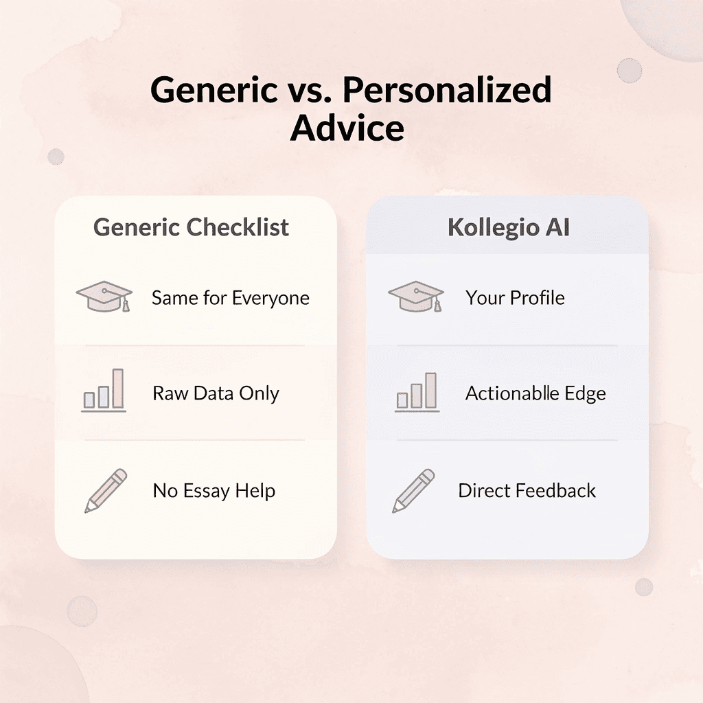  Two-column comparison infographic contrasting generic checklists with Kollegio AI personalized guidance