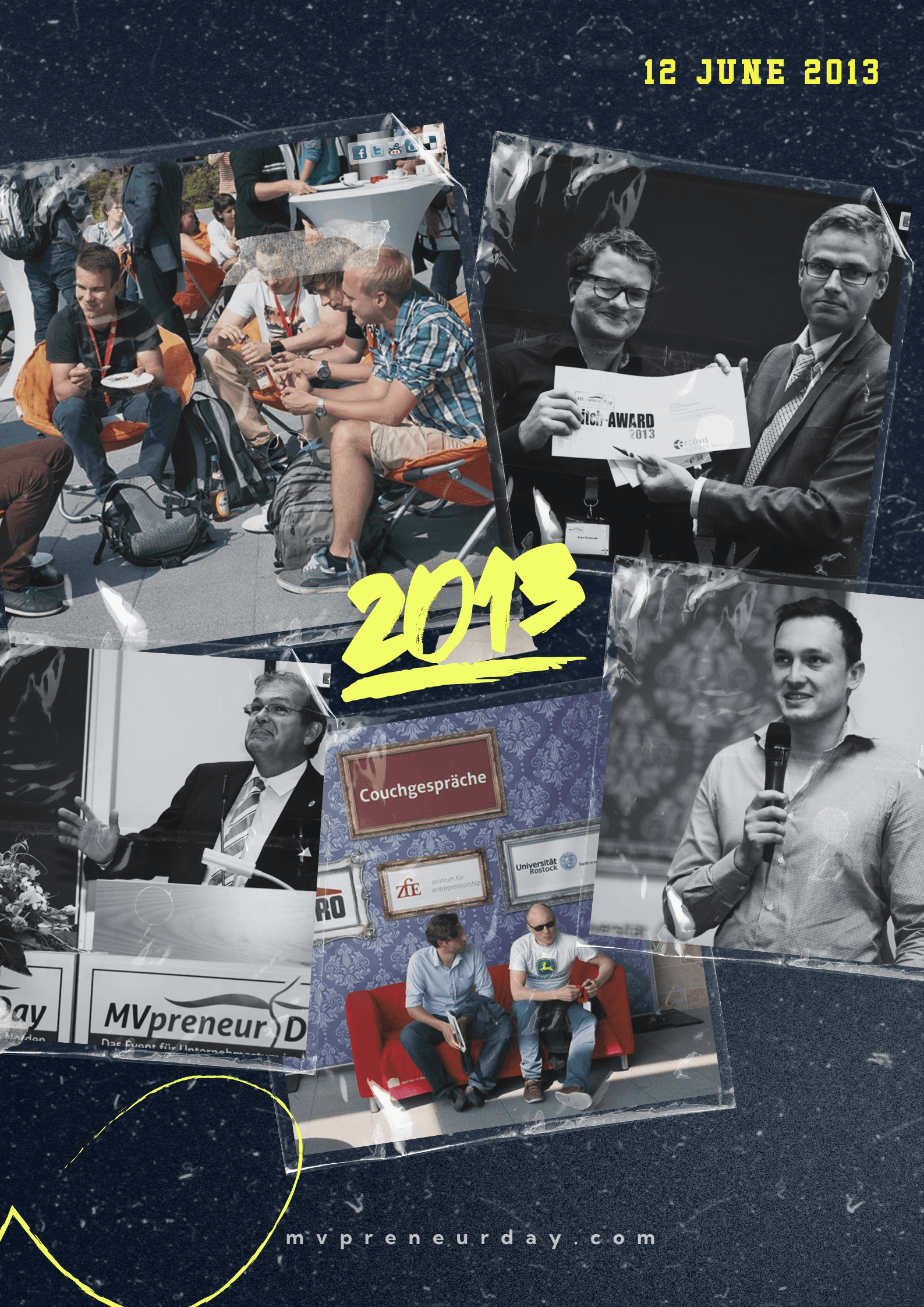 Veranstaltungseindrücke vom MVPRENEUR Day 2013: erste Formate, kleine Bühne, motivierte Teilnehmende. Zahl „2013“ integriert.