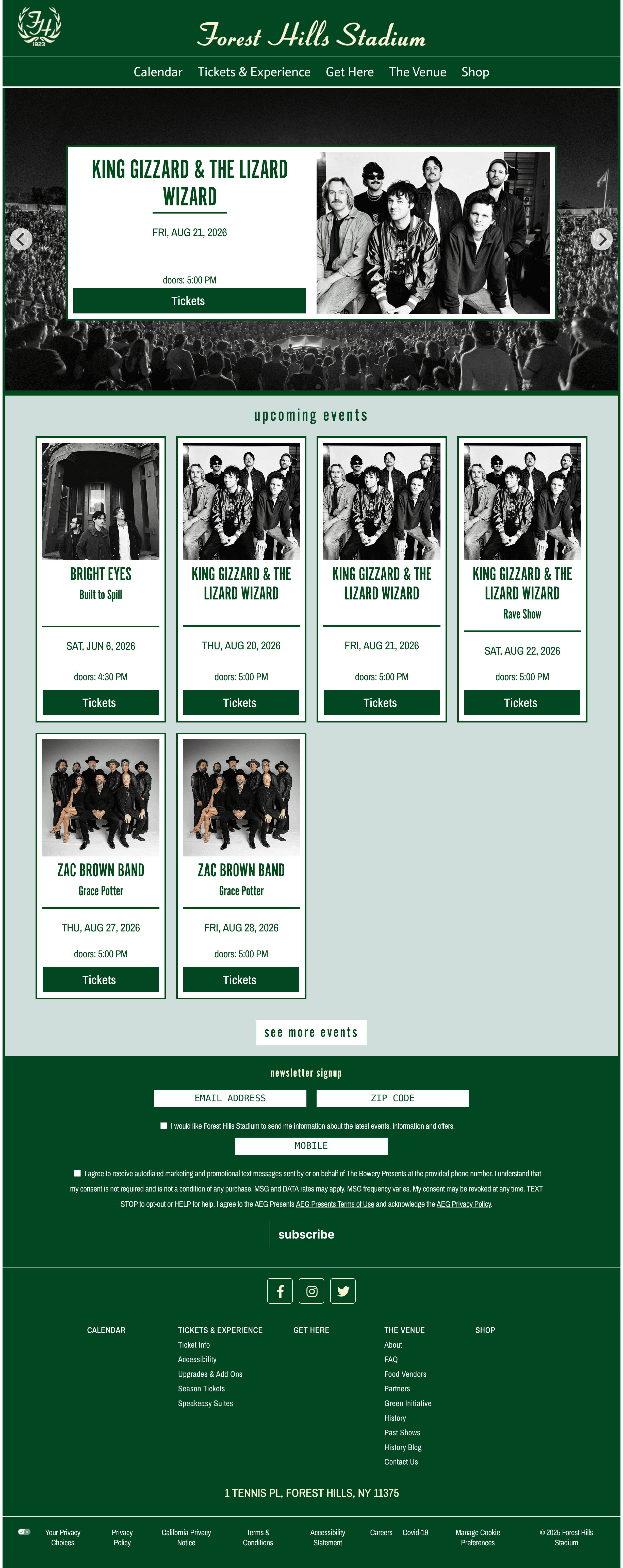 Original Forest Hills Stadium homepage with upcoming artist carousel and grid of upcoming event cards on green background