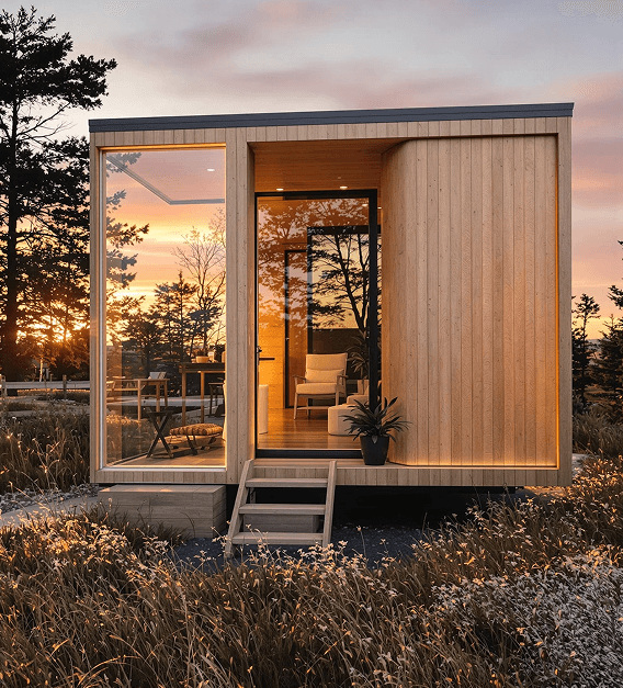 Outdoor wooden cabin with a sunset vibe setting