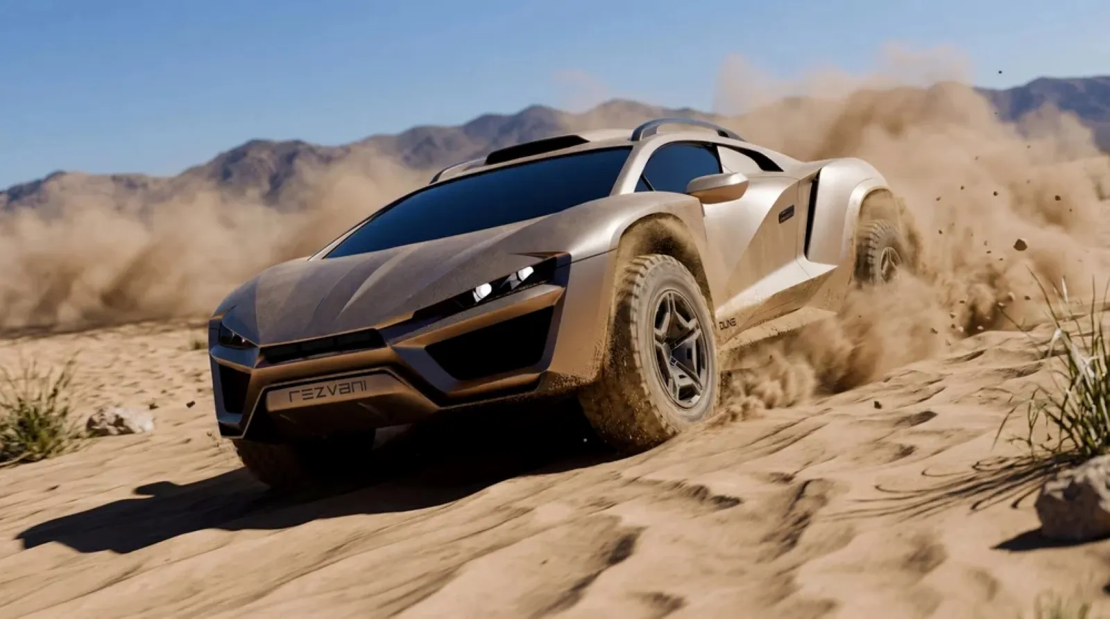 A rugged off-road vehicle kicks up a thick cloud of dust as it speeds across a sandy desert landscape, with distant mountains under a clear blue sky.