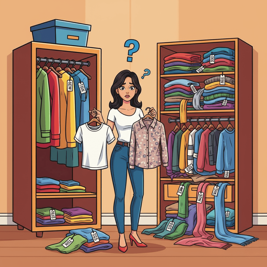 Professional person looking at a full closet of office clothes with a confused expression, reflecting the ‘nothing to wear’ problem