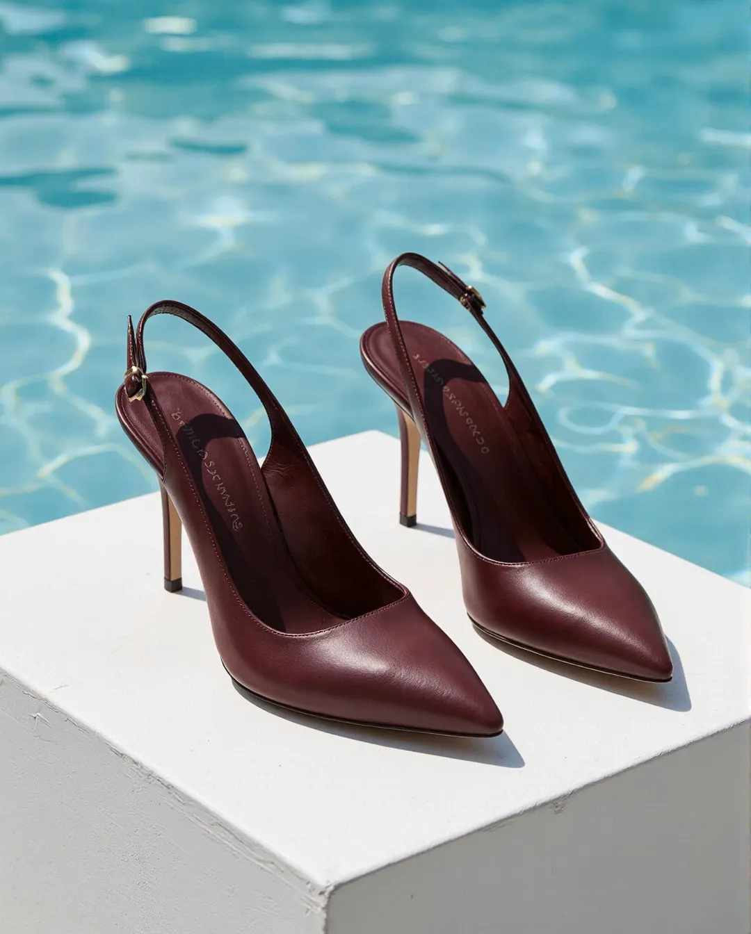 Elegant burgundy leather slingback stiletto heels displayed on white podium against shimmering turquoise pool water background