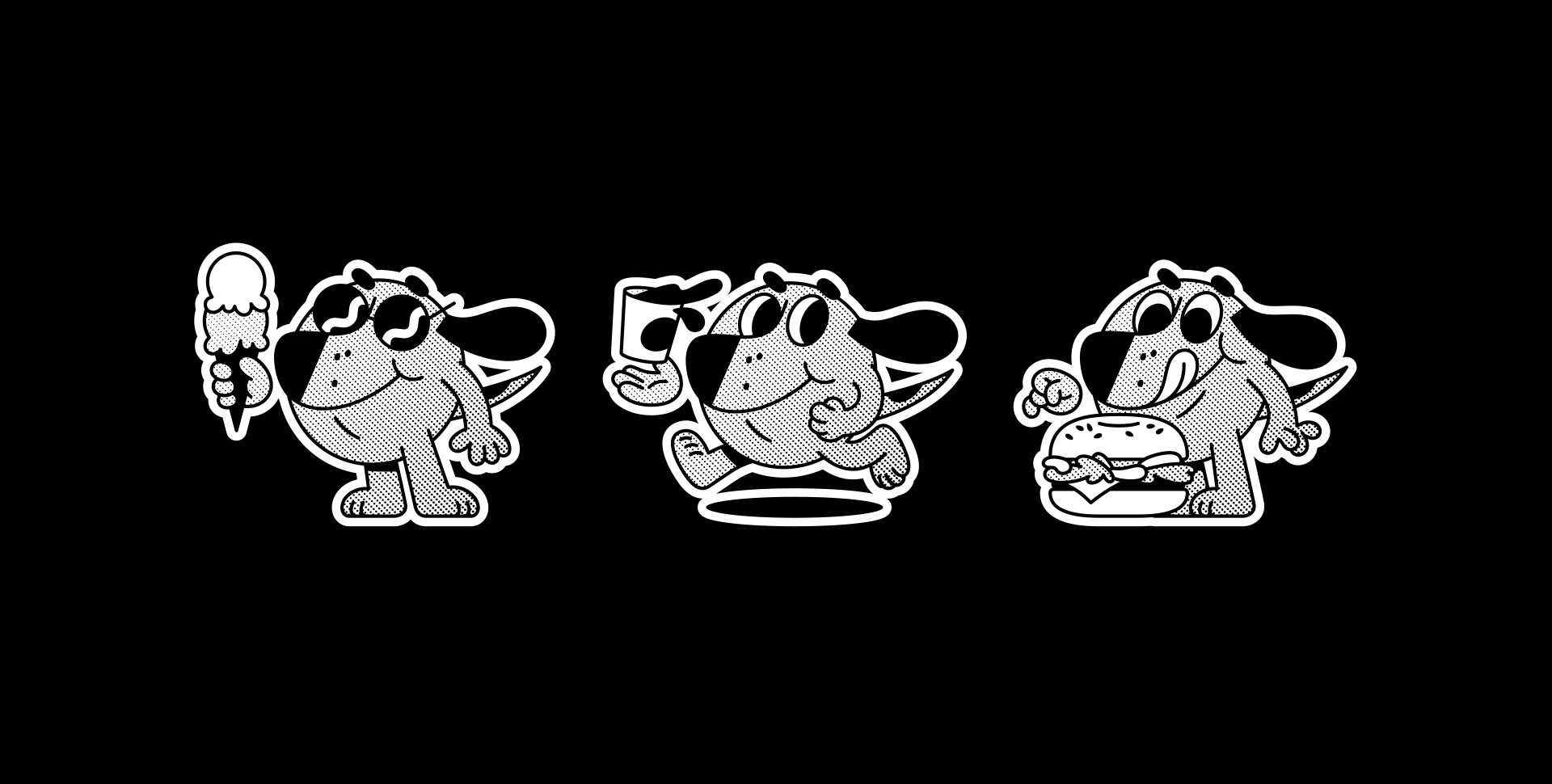 Black Dog mascot illustrations holding ice cream, coffee and a burger, character set for a café brand