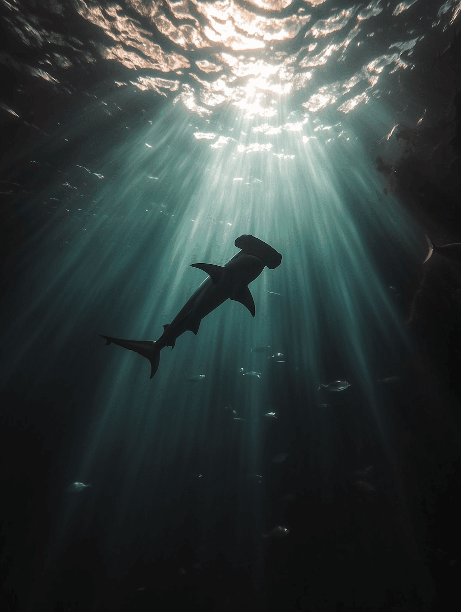 Hammerhead shark swimming in the night ocean
