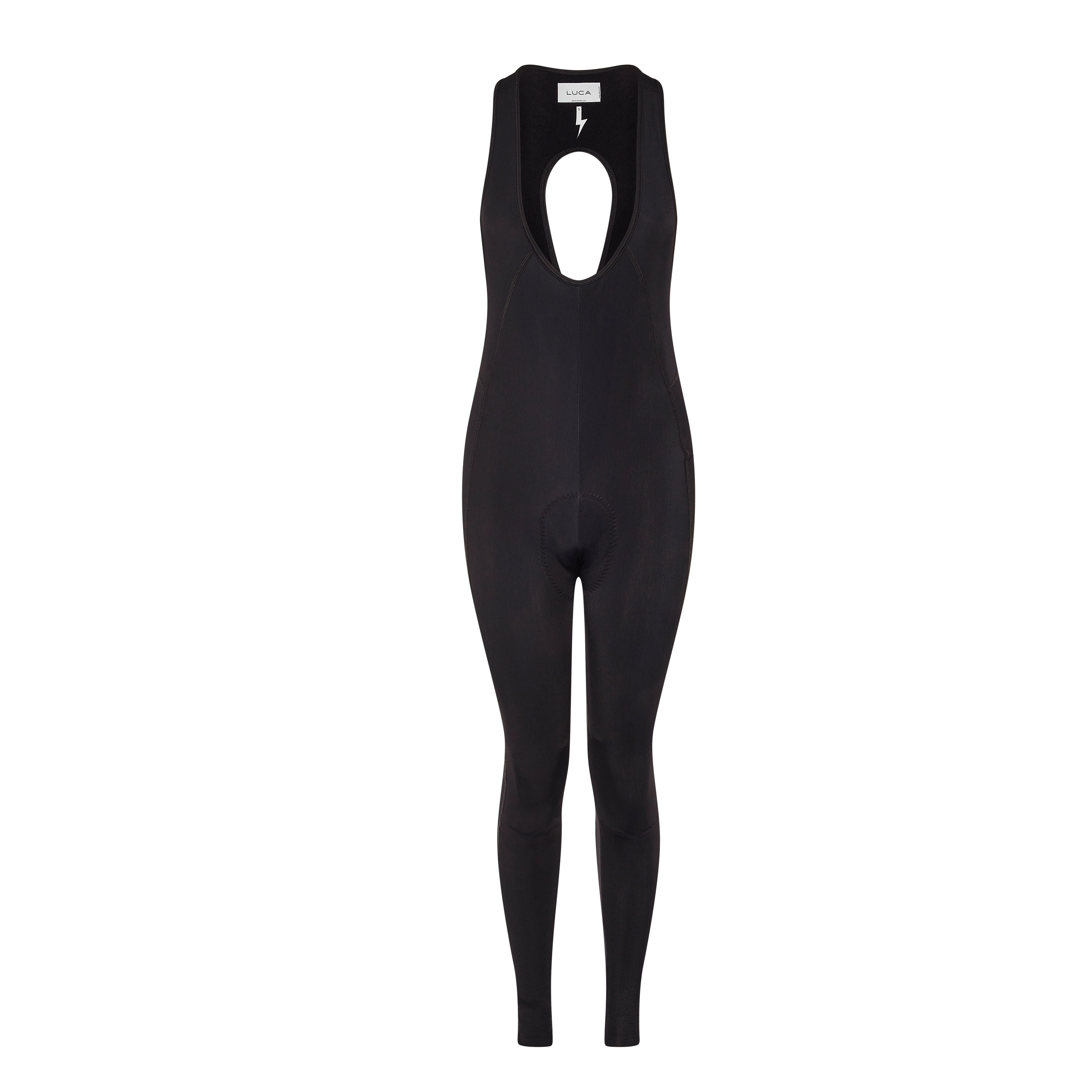 Studio-shot-of-a-black-full-length- sleeveless-cycling-bib-tights- photographed-straight-on-The-garment-has-a-tight-fitting-textured-  and-features-a-large-central-keyhole-cut-out-at-the-upper-chest- below-the-high-neckline-The- garment-includes-a-visible- chamois-section-in-the-crotch- confirming-its-use-for-cycling