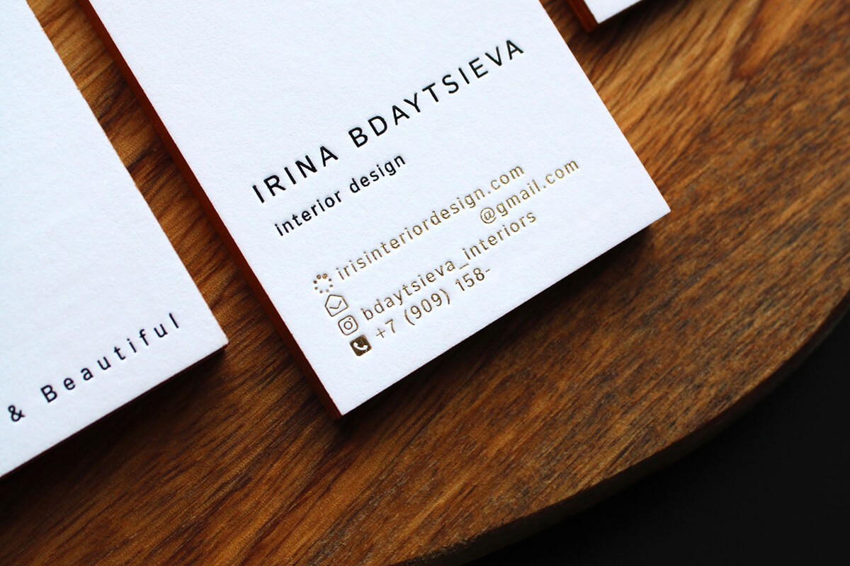 Business cards for Interior designer printed on textured white paper with blind embossing, digital printing.