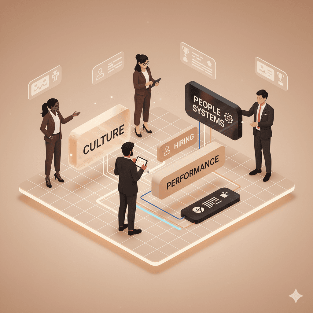 Modern illustration showing a Fractional Head of People building HR foundations for startups, including culture, hiring, performance management, and people systems.